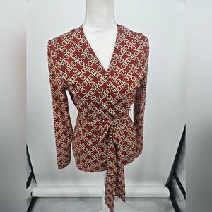 CAbi Orange and Tan Chain Print Wrap Mesh Blouse Medium